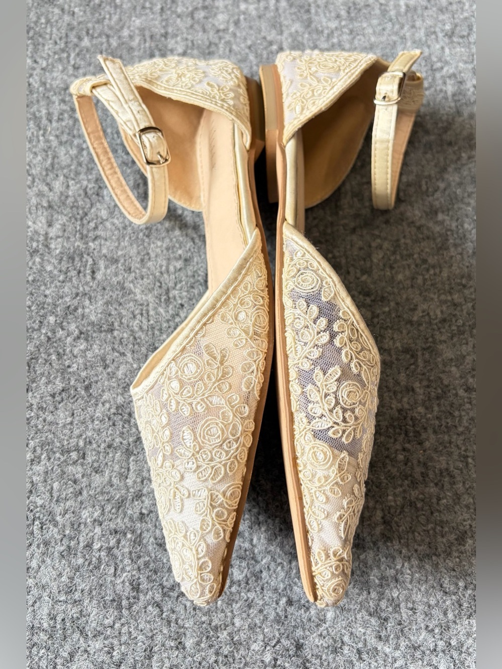 Embroidered Ankle-Strap Pointed Flats in Beige - Picture 4 of 14